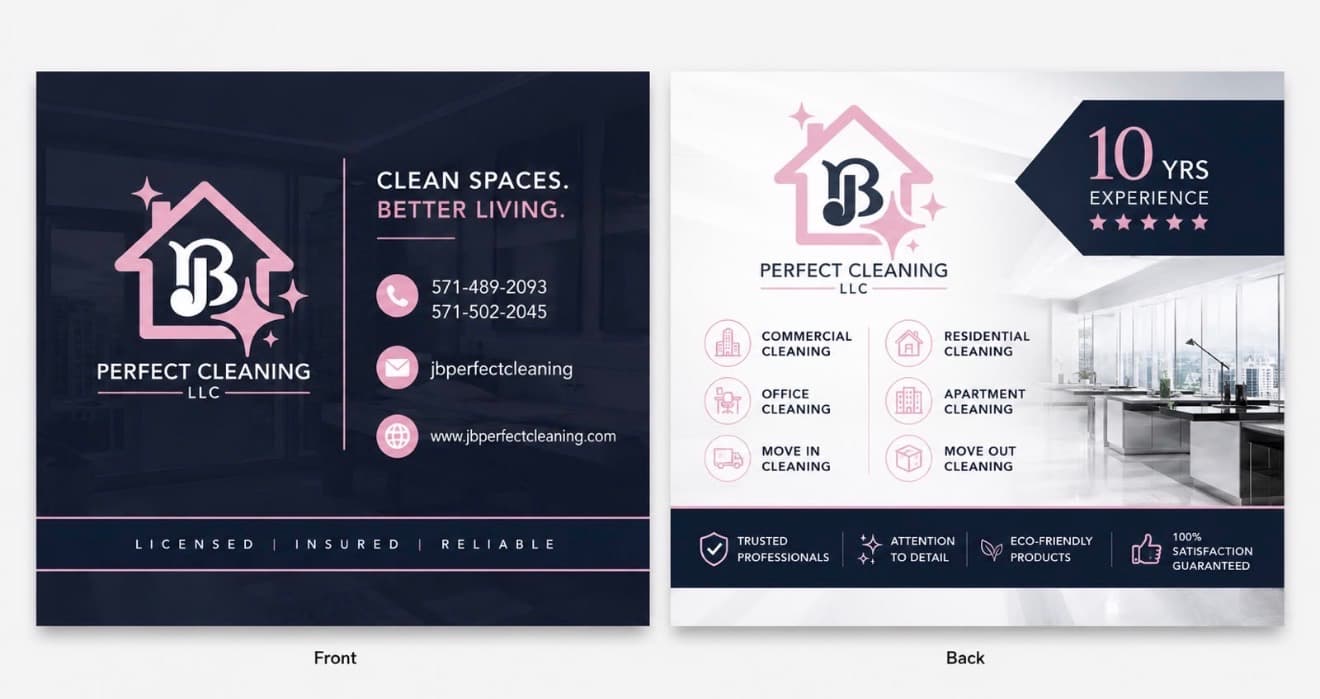 JB Perfect Cleaning business card showing licensed house and commercial cleaning in Northern Virginia, DC, and Maryland
